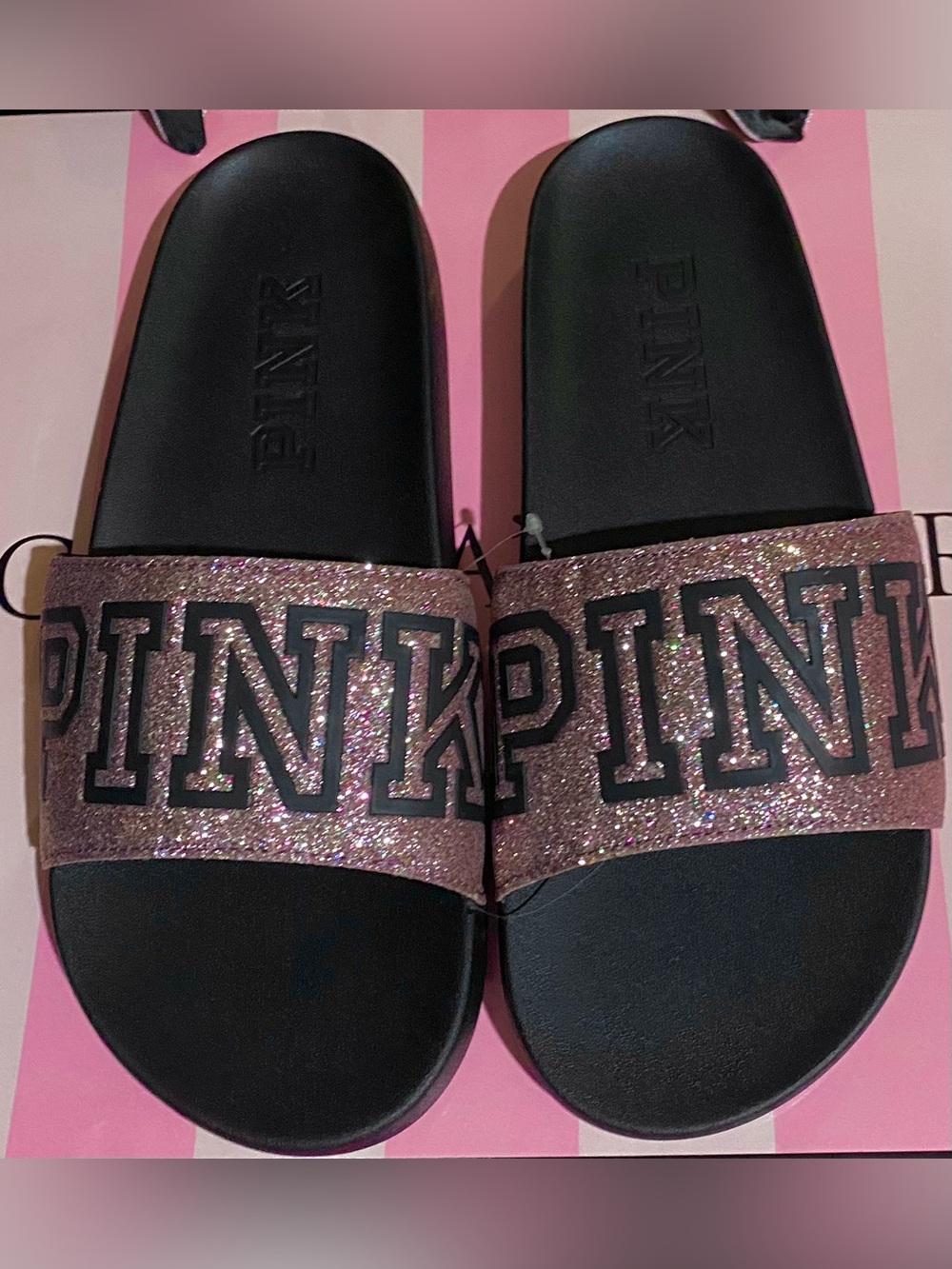 New Victoria's Secret PINK slides pink bling rose gold glitter slides pink logo